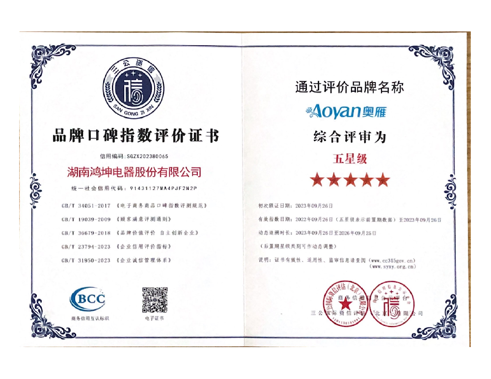 品牌口碑指数评价证书
